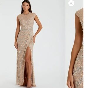 NWT | Mac Duggal 5619 Nude Beige High Neck Cap Sleeve Gown Size 4